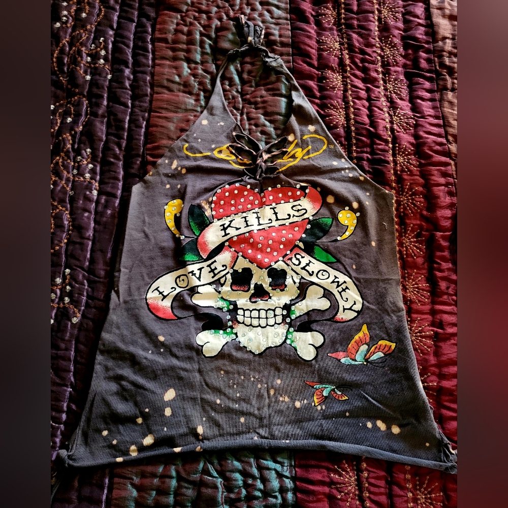 ED HARDY Graphic CUT Halter Top with Skull Design CUSTOM